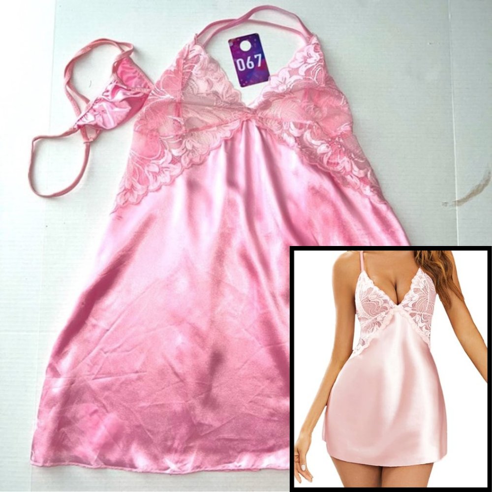 Pink satin and lace plus chemise nighty with matching panty NWT